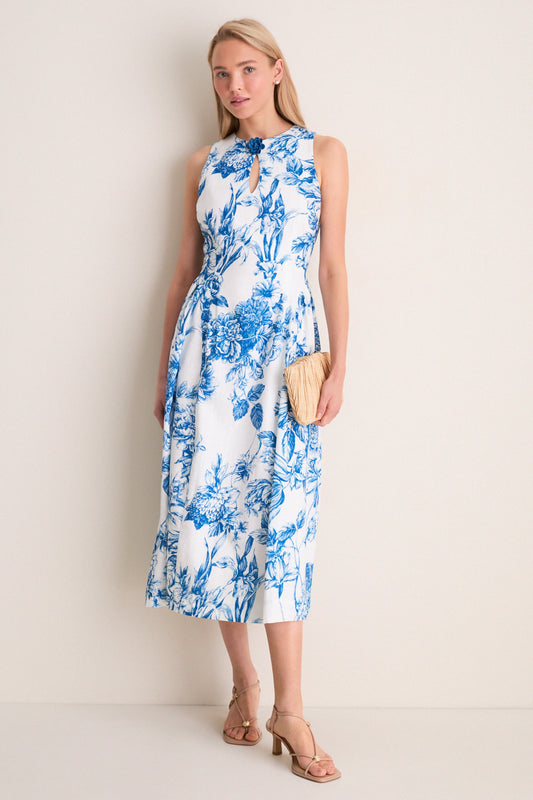 Blue & White Blooms Floral Posey Midi Dress