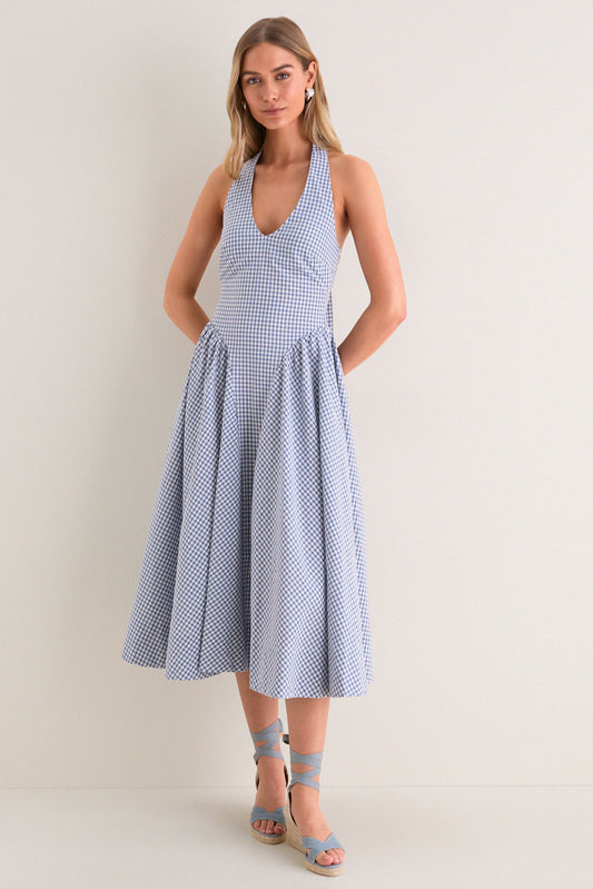 Blue Gingham Meana Halter Midi Dress