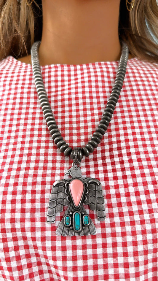 Eagle Pendant Beaded Necklace, Lt.Pink