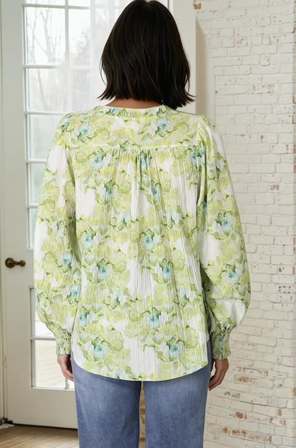Moree Blouse - Frill Collar Neck Tie Button Down Shirt in Franc Print Lime