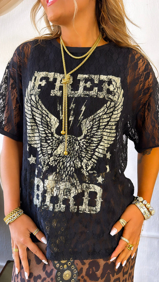 Lace Free Spirit Graphic Top, Black