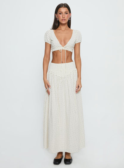 Alletta Tie Up Micro Crop Top Cream Polka