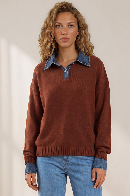 Maddie Jumper - Denim Wing Collar and Cuff Knit Pullover in Chocolate