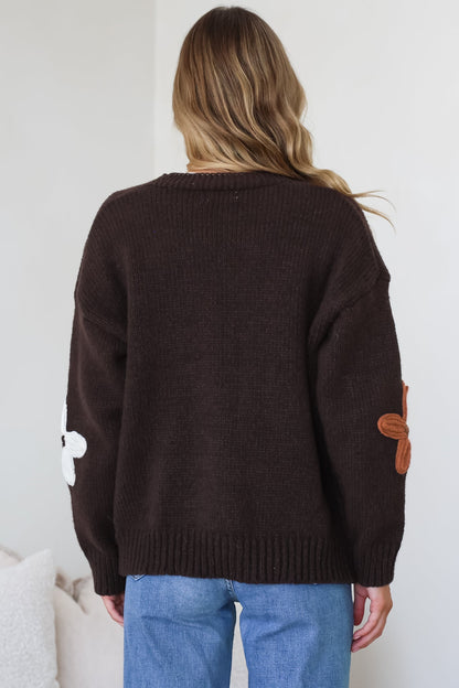 Daisy Belle Cardigan - Cropped Thick Knit Cardigan with Flower Decals in Chocolate Multi