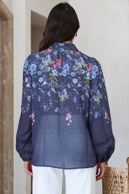 Diandra Blouse - Lace Trim Mandarin Collar Button Down with Balloon Sleeves in Elsie Print