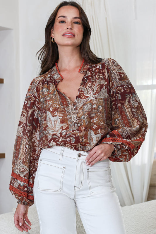 Diandra Blouse - Mandarin Collar Button Down with Lace Insert Detailing in Banter Print