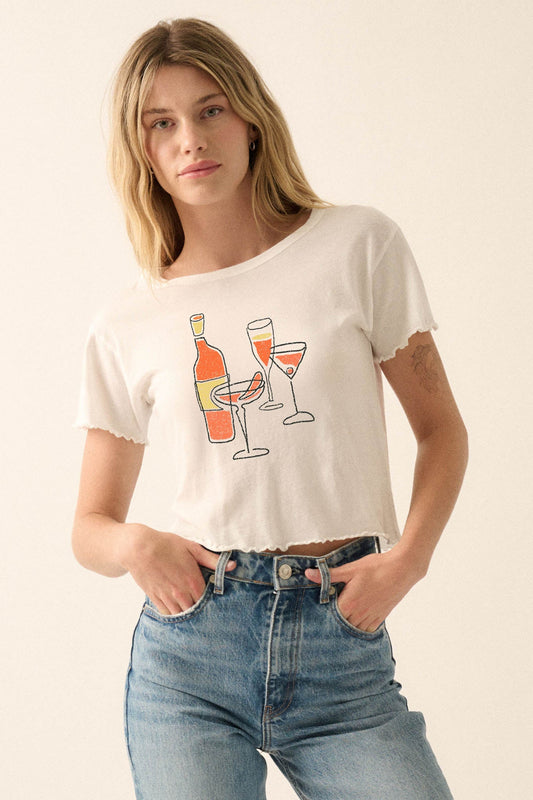 Happy Hour Cropped Lettuce-Edge Graphic Baby Tee