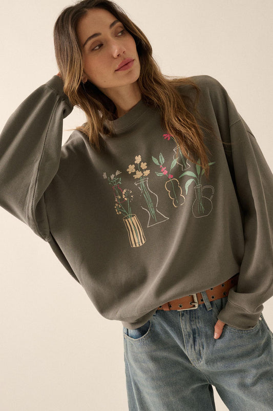 Floral Vases Vintage-Print Thermal Graphic Top