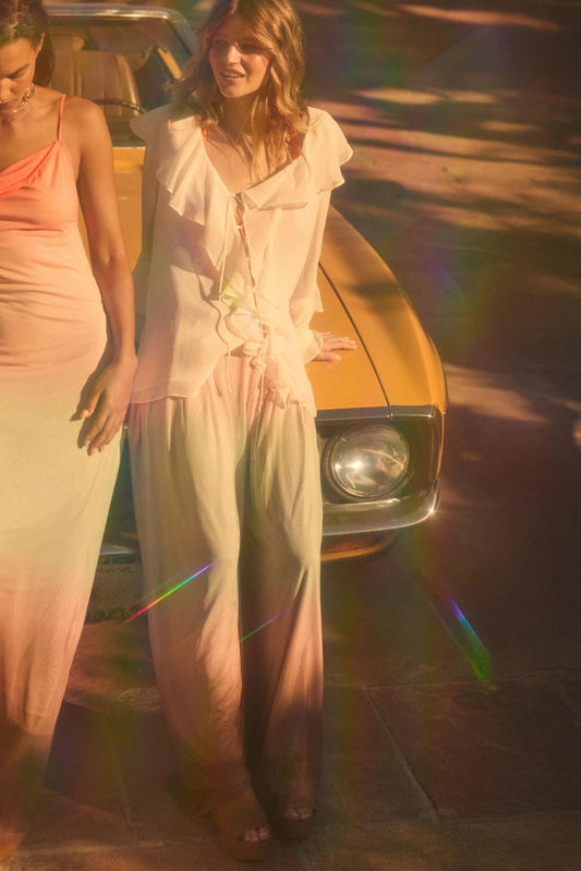 Soft Sunset Ombre Mesh Pleated Wide-Leg Pants