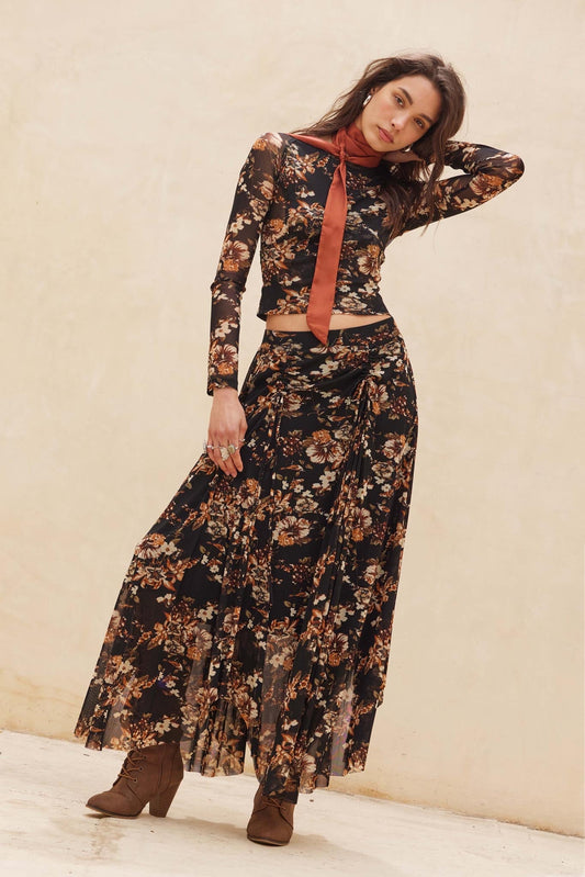 Forgotten Garden Floral Mesh Ruched Maxi Skirt