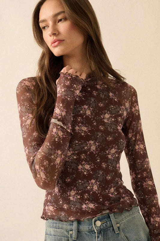 Full Flower Floral Mesh Mock-Neck Thumbhole Top