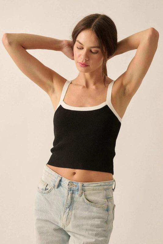 Shaper Fit Cropped Rib-Knit Contrast Cami Top