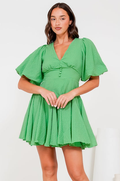 Marsala Mini Dress - V-Neck Puff Sleeve Skater Skirt Dress in Green