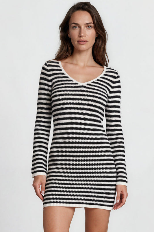 Marza Mini Dress - Long Sleeve Knit Dress with Open Back Detail with Tie Closure in Black/White