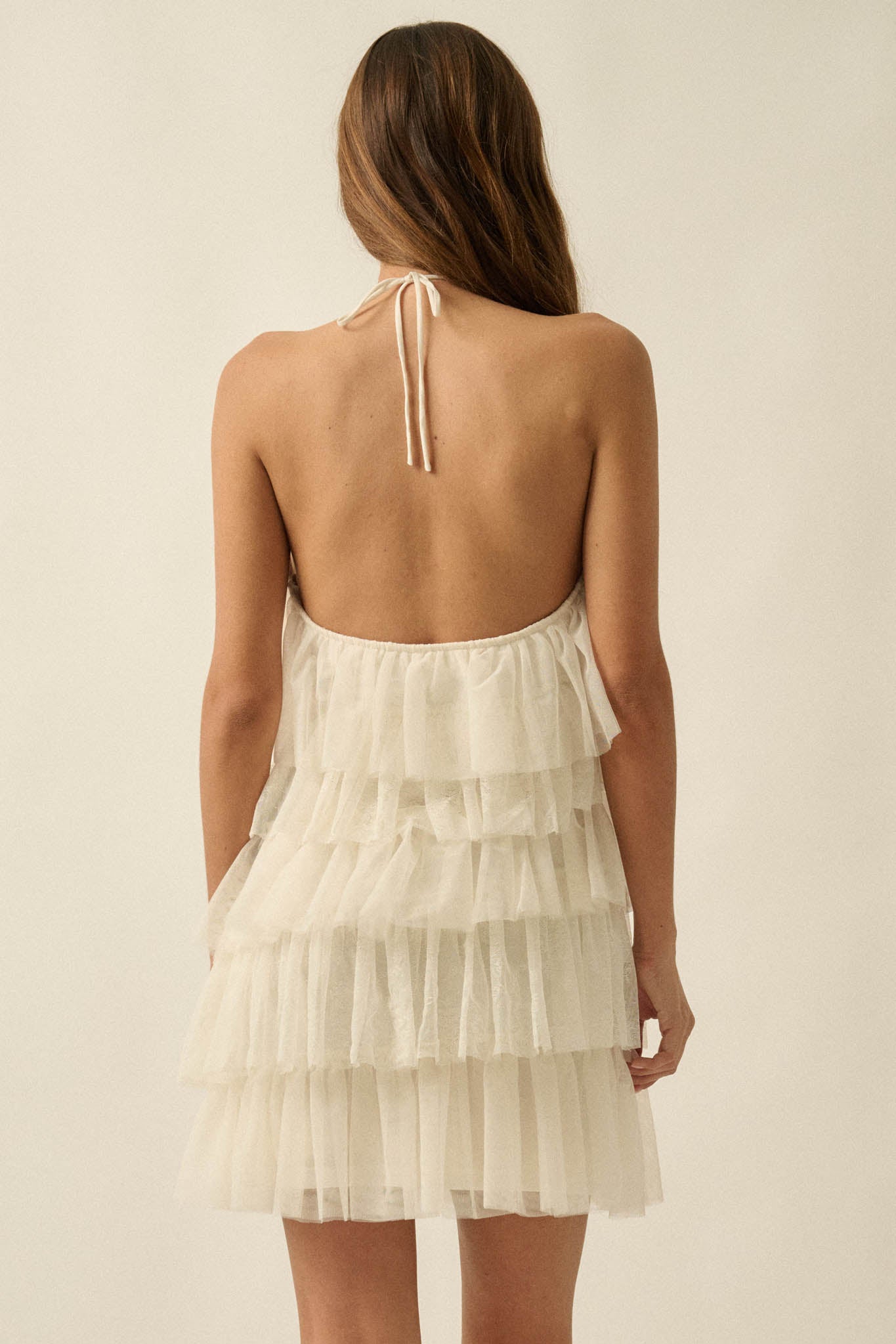 Frilly Flirt Ruffled Lace and Tulle Halter Mini Dress