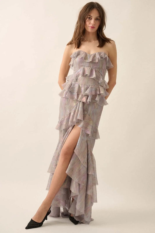 Opal Glow Strapless Iridescent Ruffle Maxi Dress