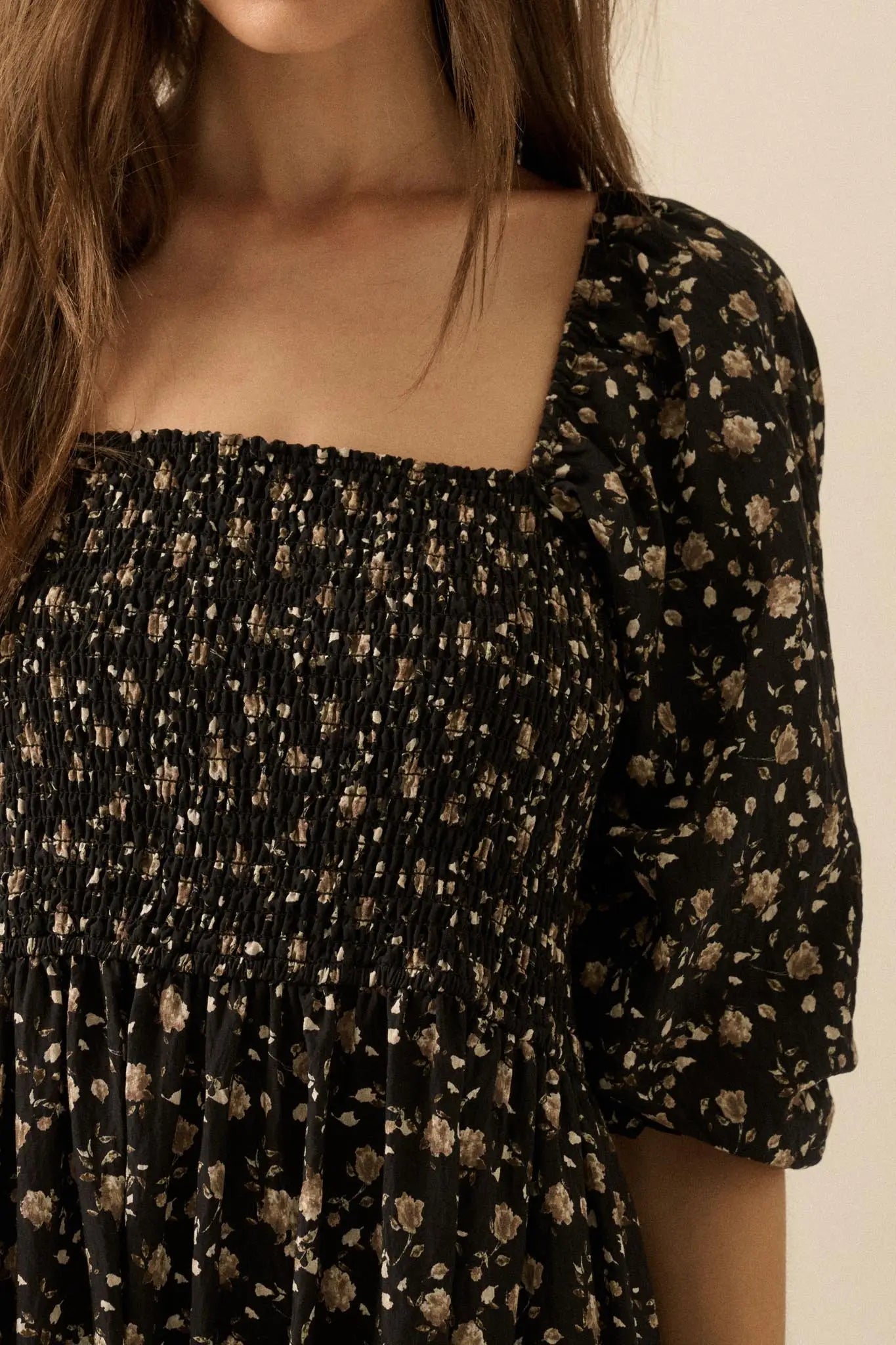 Home Ground Floral Smocked Midi Peasant Dress