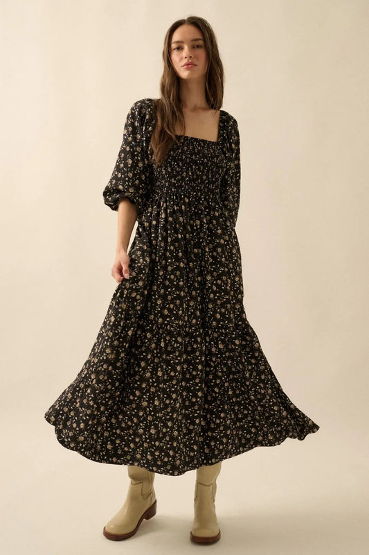 Home Ground Floral Smocked Midi Peasant Dress