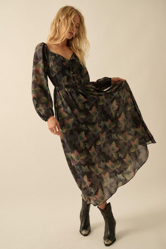 Moody Blooms Smocked Floral Midi Peasant Dress