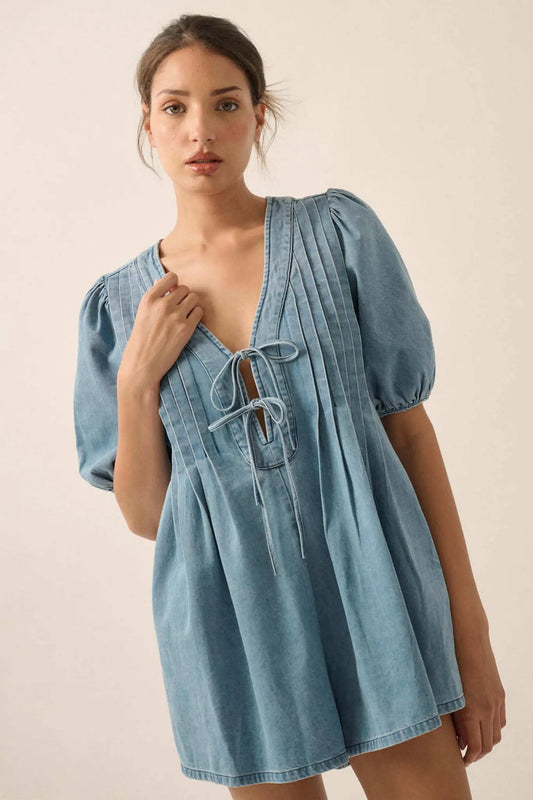 Denim Princess Pleated Puff-Sleeve Babydoll Romper