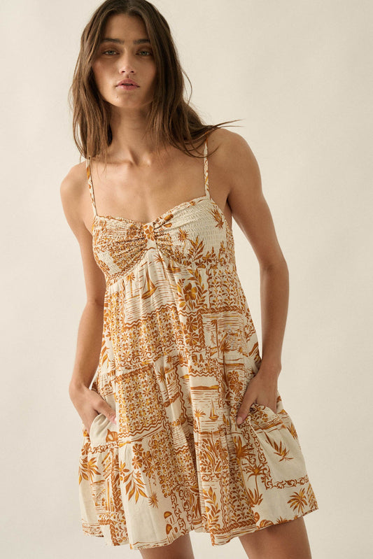 Lost Island Tropical-Print Smocked Tiered Romper