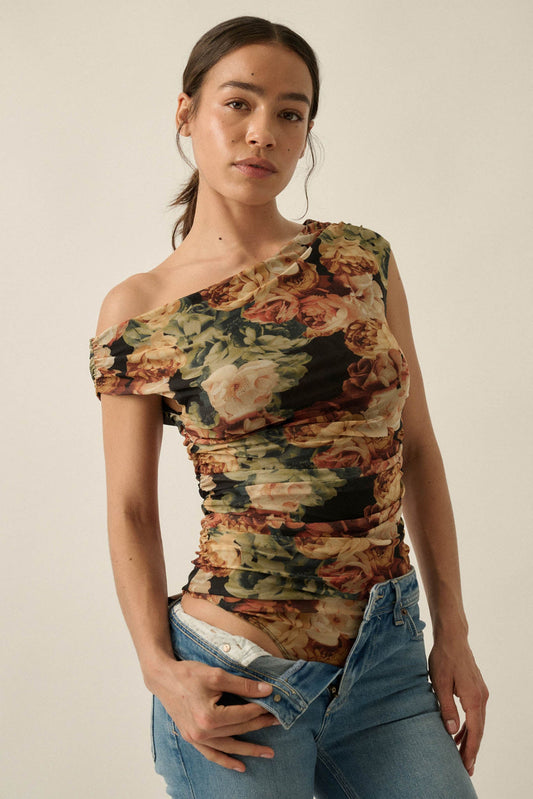 Radiant Roses Floral Mesh One-Shoulder Bodysuit