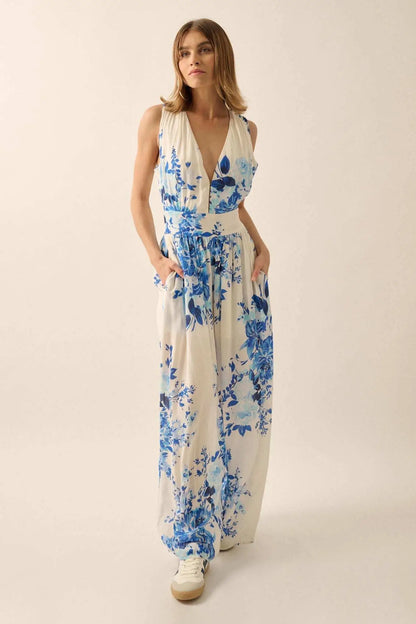 Lapis Lilies Floral Plunge-Front Wide-Leg Jumpsuit