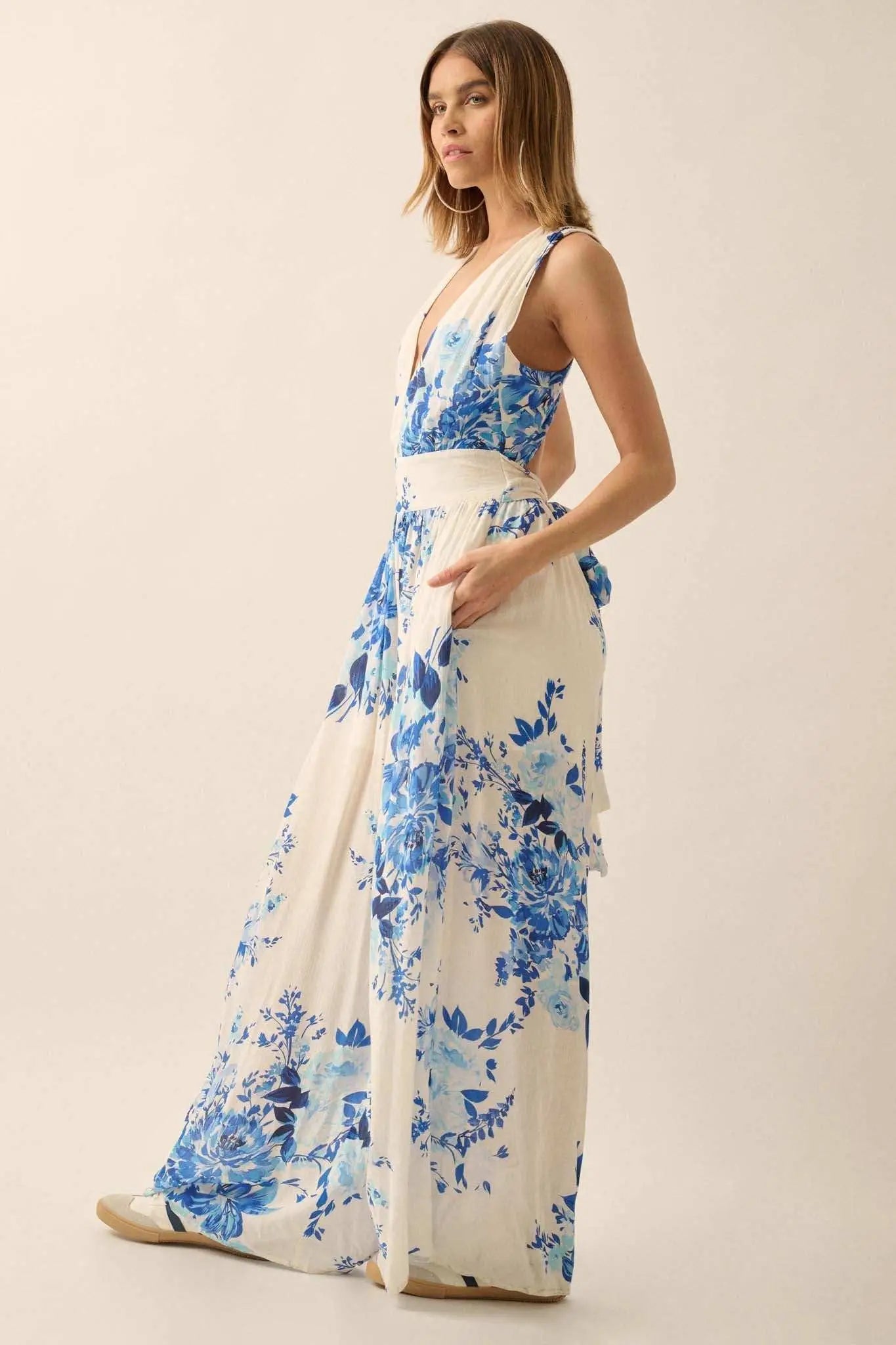 Lapis Lilies Floral Plunge-Front Wide-Leg Jumpsuit