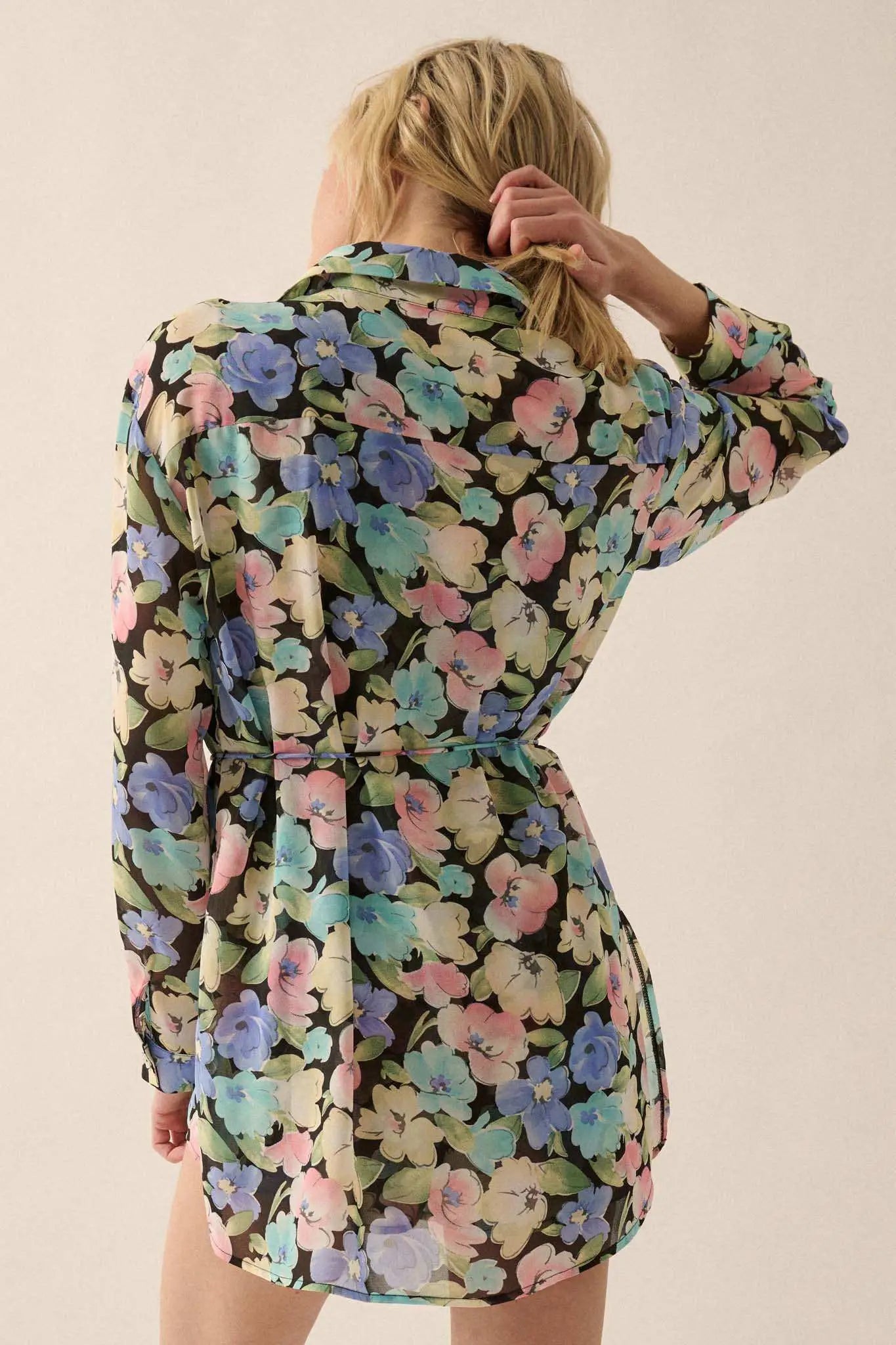 Chromatic Petals Floral Belted Shirt Romper