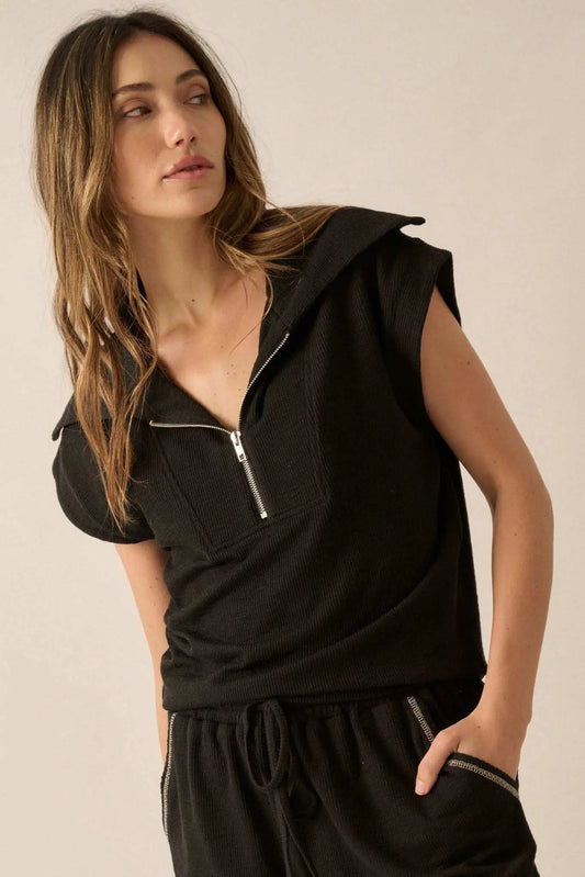 Show Time Rib-Knit Kimono-Sleeve Half-Zip Top