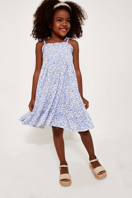 Blue Calico Floral Tie Strap Smocked Sundress
